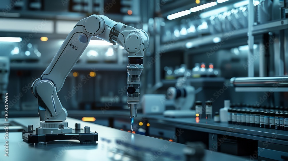 Aufkleber A robot is working in a lab with many bottles and vials. The robot is using a needle to inject a substance into a vial. The lab is filled with various scientific equipment and bottles