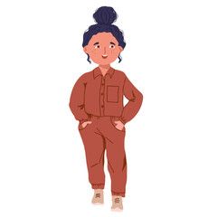 Cute smiling schoolgirl, girl, in fashionable overalls, hands in pockets. Schoolboy, cheerful child wearing a hat, modern clothes, outfit. Flat vector illustration isolated on white background