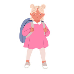 Cute character girl, blonde, full-length in a pink dress. Cute smiling preschool child with backpack. Flat vector illustration on white background