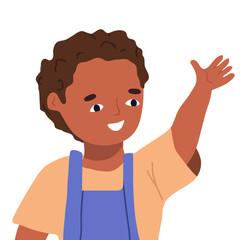 Obraz premium Happy African-American boy, cheerful excited expression on his face, waving. Happy cheerful cheerful black child. Flat vector illustration on white background
