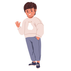 Cute happy preschooler waving, Smiling friendly child. Flat vector illustration on white background.