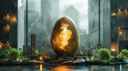 Innovative startup scene with a golden egg as the centerpiece, surrounded by young entrepreneurs