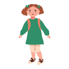 Cute little girl character, facial portrait. Adorable preschooler talking, having a conversation. Cute smiling preschool child with backpack. Flat vector illustration on white background