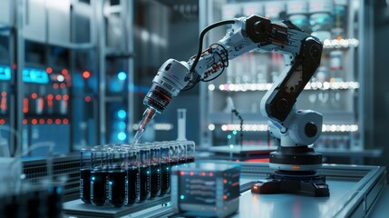 A robot is working in a lab, filling up a container with liquid. The robot is surrounded by various scientific equipment and tools, including a microscope and a beaker - obrazy, fototapety, plakaty