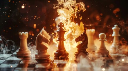 Illustration of chess pieces on fire with particles - obrazy, fototapety, plakaty