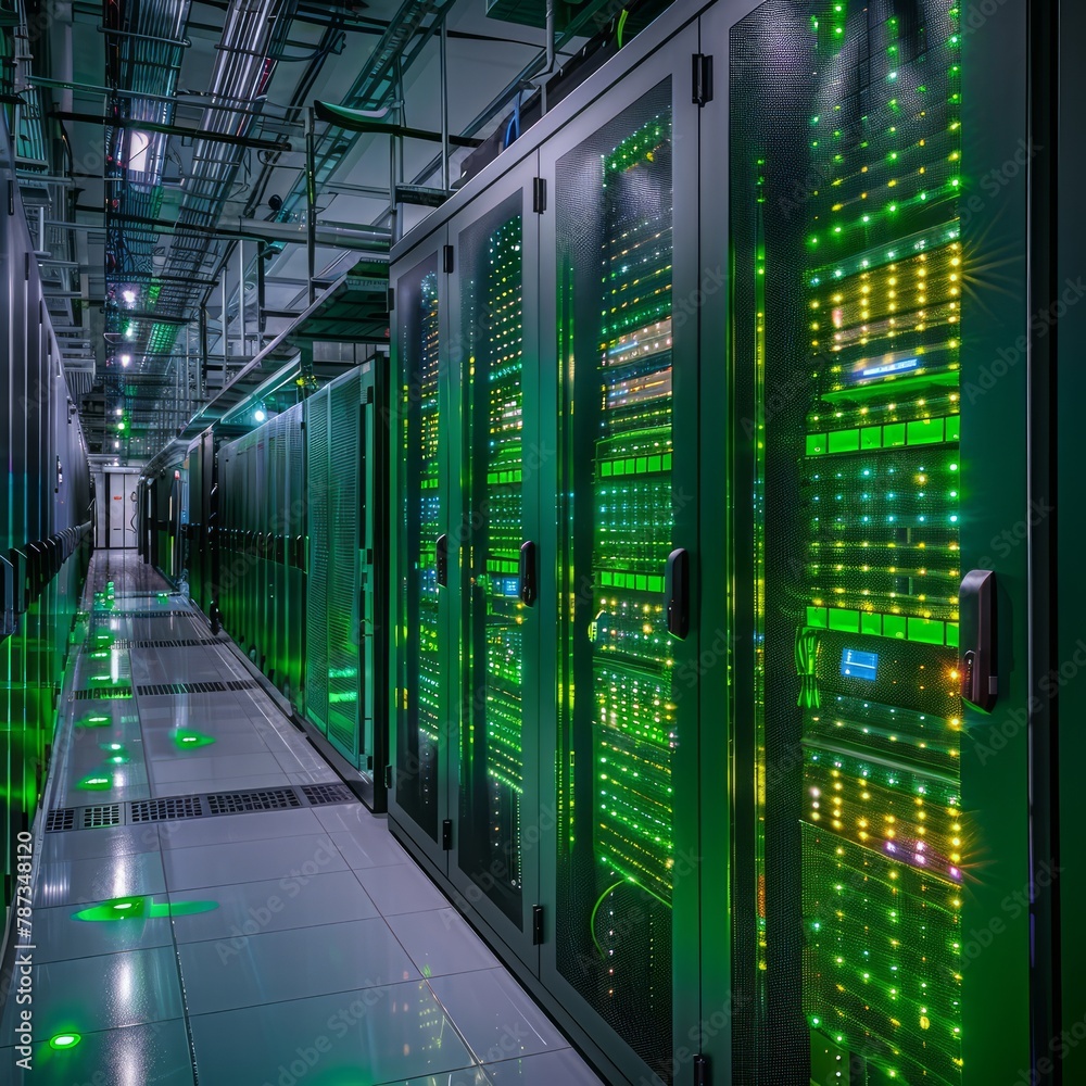 Poster A row of computer servers are lit up green. The servers are in a large room with a green floor