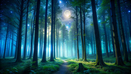 Glowing orbs and soft blue light emanate from a mystical-looking forest at night or twilight, creating an ethereal, almost otherworldly atmosphere.AI generated. - obrazy, fototapety, plakaty