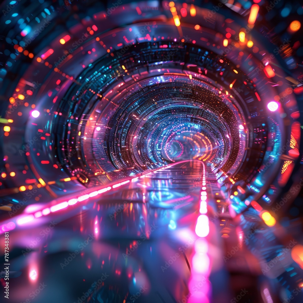 Poster a colorful tunnel with neon lights and reflections. the tunnel appears to be a futuristic, sci-fi se