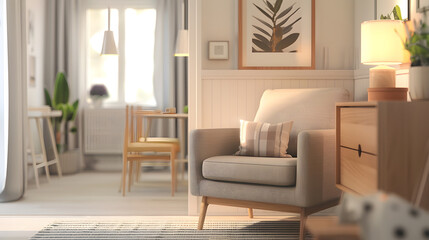 Fototapeta premium Stylish compositon of modern living room interior with frotte armchair wooden commode side table and elegant home accessories Home staging Template Copy spaceDining room in the backgro : Generative AI