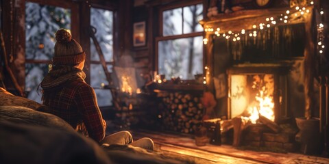 An inviting and cozy cabin interior featuring a warm fireplace and festive lights in a winter setting - obrazy, fototapety, plakaty