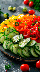 a nutritious and colorful snack with a veggie-loaded crudit platter, featuring sliced cucumbers, bell peppers, and cherry tomatoes - obrazy, fototapety, plakaty