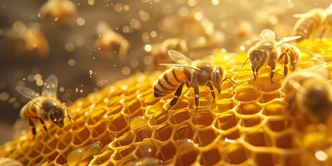 A dynamic display of teamwork as honeybees collaborate on glistening honeycomb in sunlight
