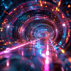 Obraz premium A colorful tunnel with neon lights and reflections. The tunnel appears to be a futuristic, sci-fi setting