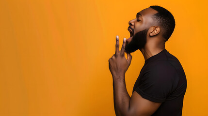 Profile Portrait Of African American Guy Shouting Holding Hand Near Mouth Announcing Great Offer Posing Over Orange Studio Background Side View Panorama : Generative AI