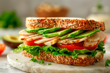 a satisfying lunch with a hearty sandwich stuffed with roasted turkey, avocado, and crisp lettuce.