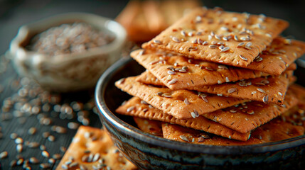 Savor the rich flavor of flaxseed crackers, a crunchy and nutritious snack that's perfect for on-the-go. - obrazy, fototapety, plakaty