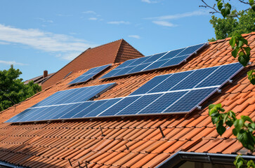 Photo of solar panels on the roof. The concept of ecology