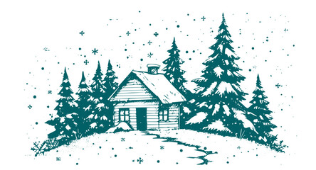 Christmas home and tree, Sketch, Pictogram Art, Black on white image