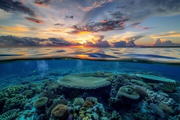 Tropical marine haven: split view underwater - obrazy, fototapety, plakaty