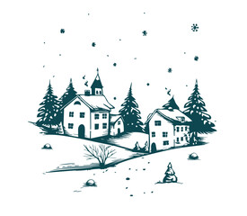 Fototapeta na wymiar Christmas home and tree, Sketch, Pictogram Art, Black on white image