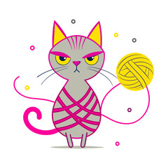 Unraveling Frustration The Determined Escape of a Cat Caught in Yarn Chaos - A Graphic T-shirt Tale