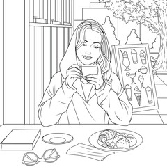 Vector illustration, beautiful girl drinks coffee in a summer cafe