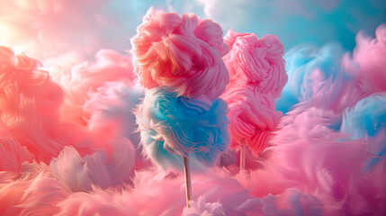 the whimsical charm of rainbow-colored cotton candy, a fluffy confection that melts in your mouth. - obrazy, fototapety, plakaty