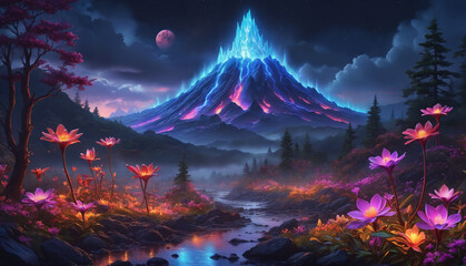 Fototapeta premium A beautiful, colorful garden with a large, colorful mountain in the background. The garden is filled with various flowers, and the mountain adds a striking contrast to the scene.
