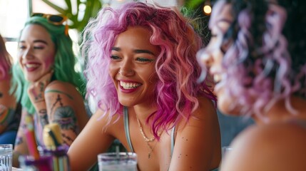A group of friends sit around a table laughing and admiring each others new vibrant hair colors. In the center sits a hairdresser focused on expertly blending shades of pink purple .