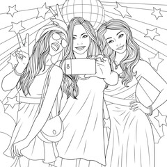 Vector illustration, three beautiful girls taking selfie