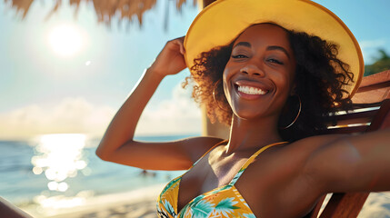 Portrait of happy african american woman sunbathing on wooden deck chair at tropical beach while looking at camera Smiling black girl enjoying vacation at seaside with copy space Woman : Generative AI