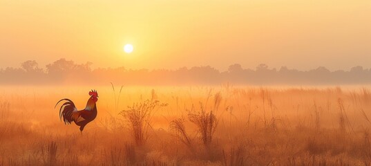 Regal rooster crowing majestically at sunrise on a tranquil farm in serene setting