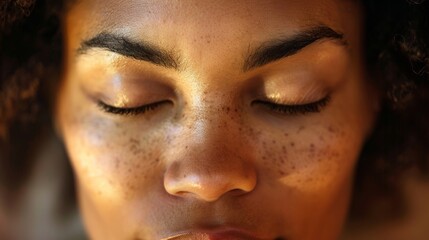 Fototapeta premium A closeup of a serene face eyes closed in deep meditation showcasing the inner peace and wisdom that comes from embracing silence. 2d flat cartoon.