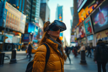 woman wearing vr headset while standing  outdoors at street of city, the concept of using virtual reality technology in life