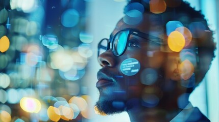 The cool sleek glass of the wall serves as a backdrop for the market strategists agile mind as they yze data with precision and strategy. Their reflective gaze portrays their dedication .