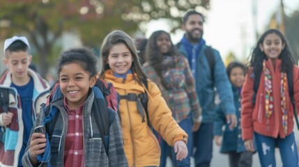 Fototapeta premium A group of diverse students of different ages and backgrounds walking to school together. 