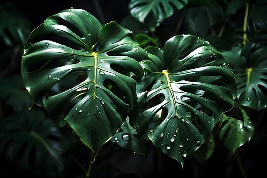 Monstera Deliciosa with Water Droplets - Lush Leaves Exhibit Guttation