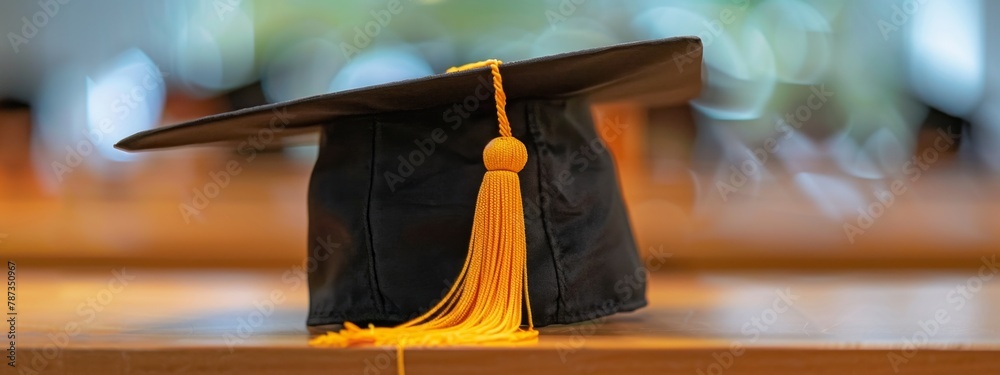 Wall mural Black graduation cap with yellow tassel on blurred background of university classroom, closeup Generative AI