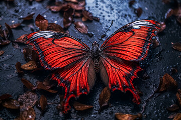 A red butterfly is laying on the ground