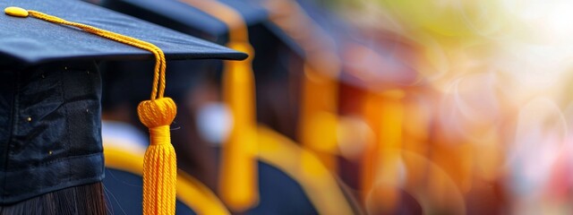 Black graduation cap with yellow tassel on blurred background, closeup A high school or college student is at the university for a ceremony in the concept of education Generative AI - obrazy, fototapety, plakaty
