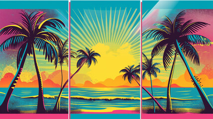 Multiple panel wall art, Wow pop art beach and palm compositions. Pop art poster usable for interior design. Summer concept cover.