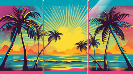 Fototapeta premium Multiple panel wall art, Wow pop art beach and palm compositions. Pop art poster usable for interior design. Summer concept cover.