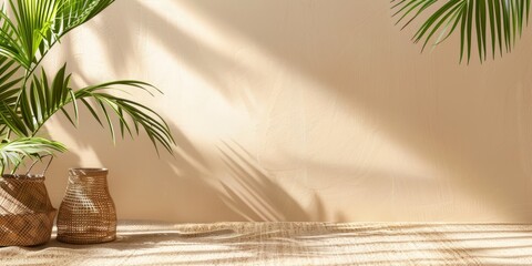 Palm leaves casting shadows on a textured beige wall with peeling paint. Summer banner with copy...