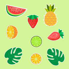 These are stickers set from summer fruits. It contains a red strawberry and watermelon, orange pineapple and oranges, and a lemon, citruses, a lime. There are also stickers from green tropical leaves.