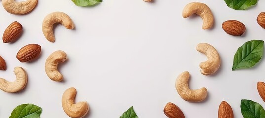 Various nuts creatively arranged in top view, forming a natural background composition - obrazy, fototapety, plakaty