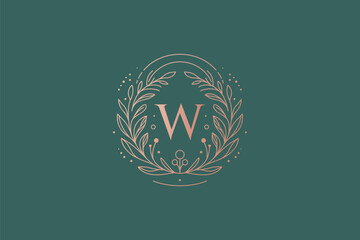 Letter W Monogram Luxury Logo Badge with Floral Frame Decoration Art for Business Boutique Fashion Wedding
