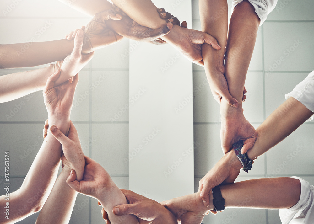 Poster Circle, teamwork and hands together for group synergy, collaboration and problem solving in engineering project. Sustainable, energy and power or workflow for support and cooperation in low angle