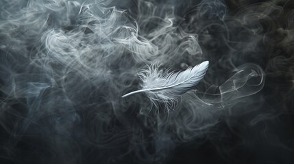 A high-contrast photo of a lone, white feather floating gracefully through a swirling vortex of black smoke.
