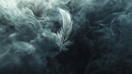 A high-contrast photo of a lone, white feather floating gracefully through a swirling vortex of black smoke. - obrazy, fototapety, plakaty
