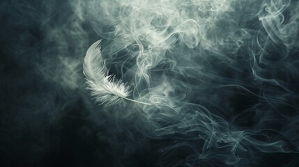 A high-contrast photo of a lone, white feather floating gracefully through a swirling vortex of black smoke.